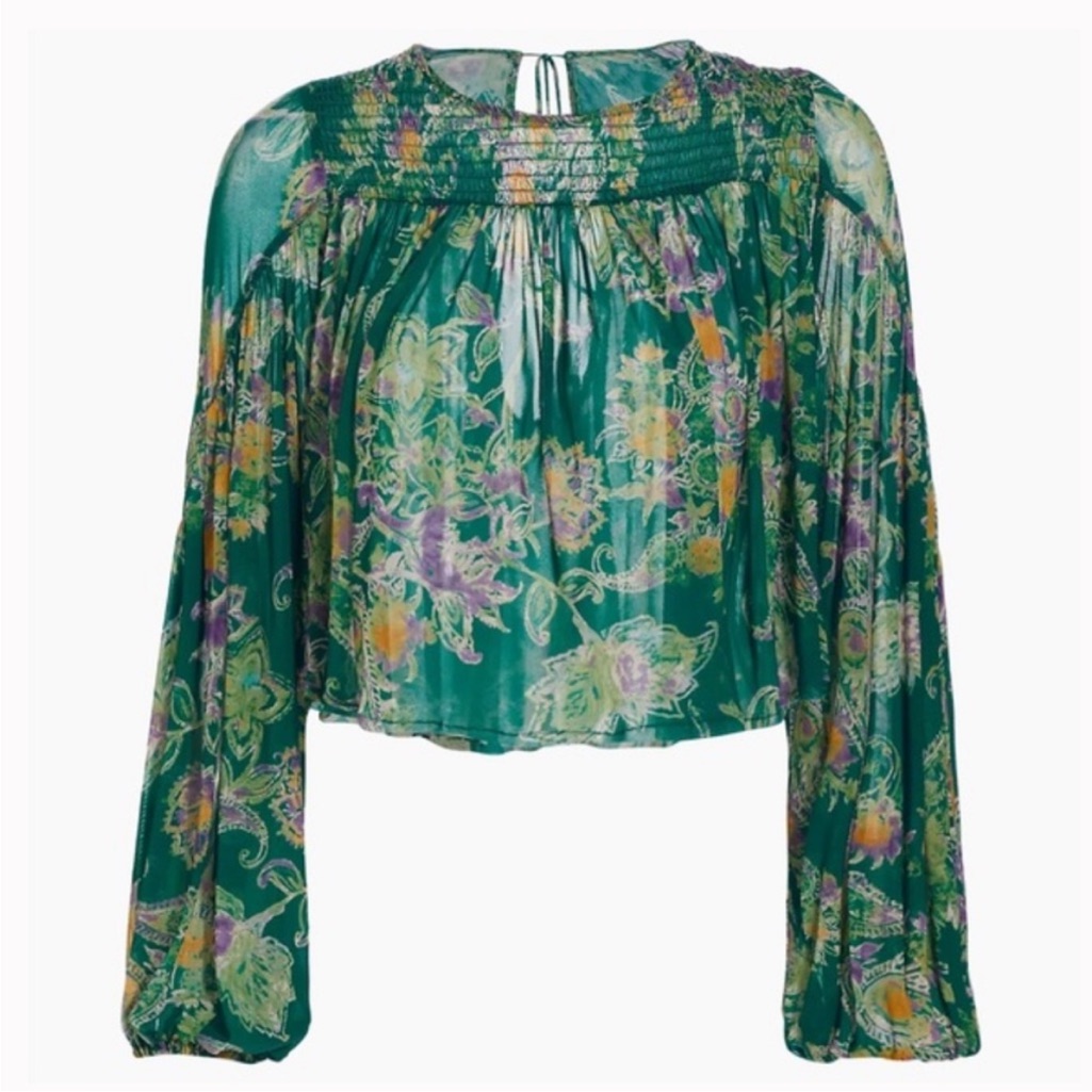 Free People “Up For Anything” Sheer Blouse Top In “Emerald Combo” Nwot